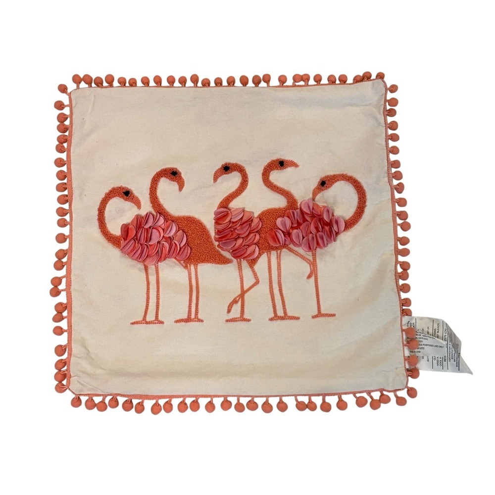 DEI 3D EMBROIDERED‎ FLAMINGO PILLOW COVER 16" POMPOMS - PILLOW COVER ONLY